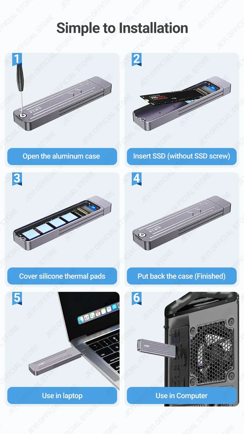 JEYI M.2 NVMe(USB 3.2 10Gbps)Direct-attach Enclosure,USB-A Plug In-line Aluminum 2242 2280 SSD Case With Magnet Protective Case