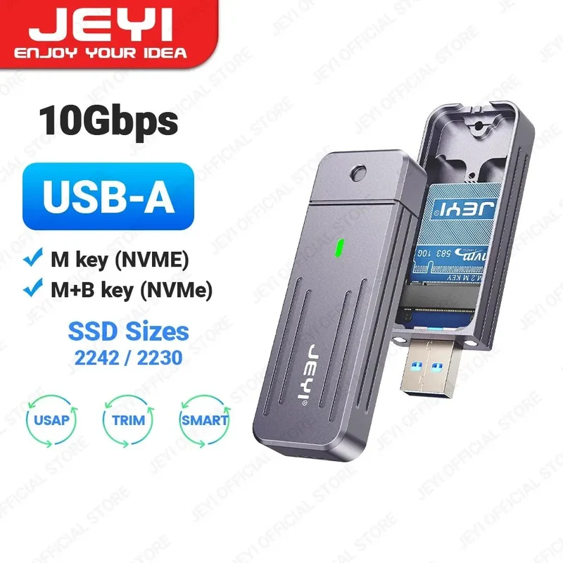 JEYI M.2 NVMe(USB 3.2 10Gbps)Direct-attach Enclosure,USB-A Plug In-line Aluminum 2242 2280 SSD Case With Magnet Protective Case