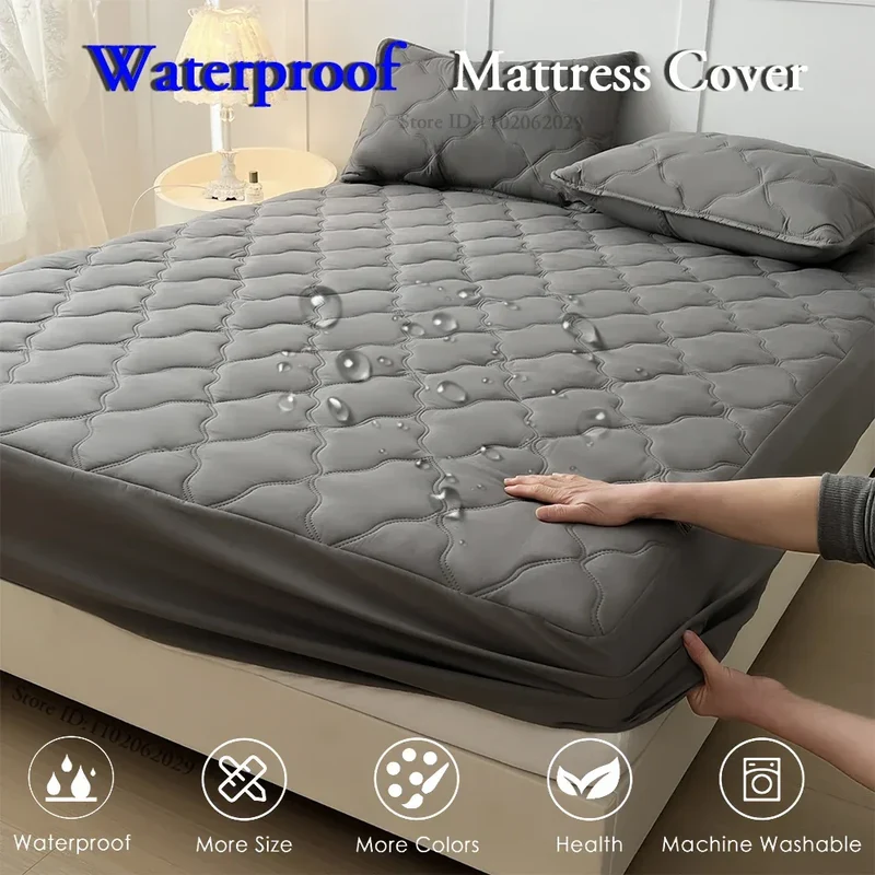 Waterproof Throw Mattress Cover Bed Fitted Sheet Mattress Bedspread Protector Pads Single/Double/King/Queen Full Size Gray/White