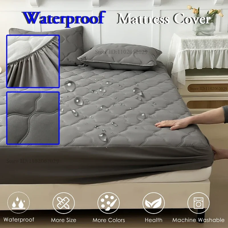 Waterproof Throw Mattress Cover Bed Fitted Sheet Mattress Bedspread Protector Pads Single/Double/King/Queen Full Size Gray/White