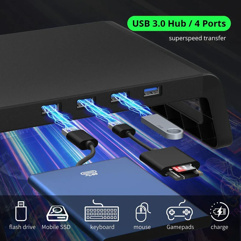 Computer Monitor Stand with 4 USB 3.0 Ports Durable Metal Monitor Support PC Keyboard Organizer Laptop Desktop Black Desk Stand