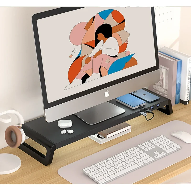 Computer Monitor Stand with 4 USB 3.0 Ports Durable Metal Monitor Support PC Keyboard Organizer Laptop Desktop Black Desk Stand