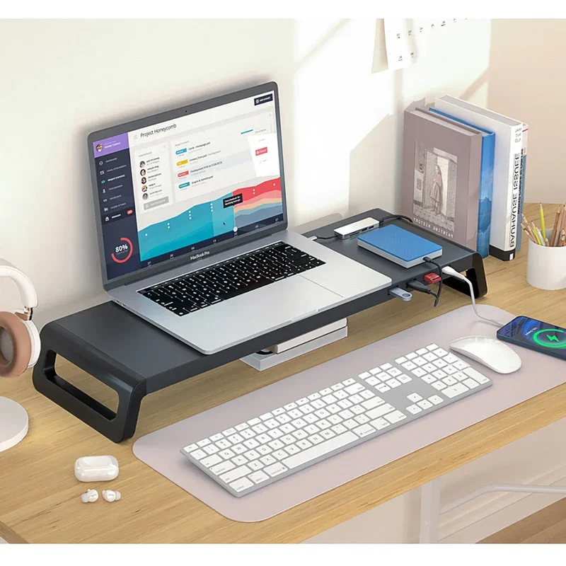 Computer Monitor Stand with 4 USB 3.0 Ports Durable Metal Monitor Support PC Keyboard Organizer Laptop Desktop Black Desk Stand