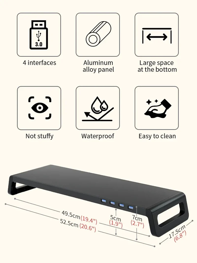 Computer Monitor Stand with 4 USB 3.0 Ports Durable Metal Monitor Support PC Keyboard Organizer Laptop Desktop Black Desk Stand