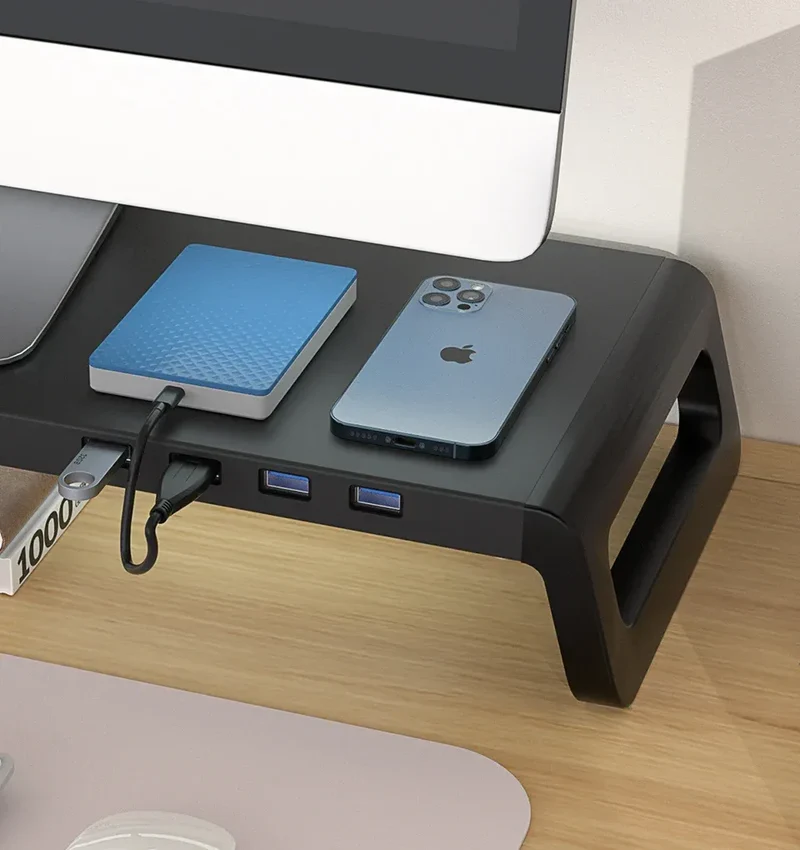 Computer Monitor Stand with 4 USB 3.0 Ports Durable Metal Monitor Support PC Keyboard Organizer Laptop Desktop Black Desk Stand