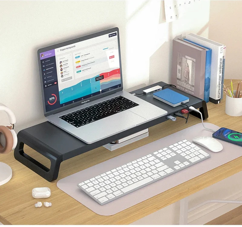 Computer Monitor Stand with 4 USB 3.0 Ports Durable Metal Monitor Support PC Keyboard Organizer Laptop Desktop Black Desk Stand