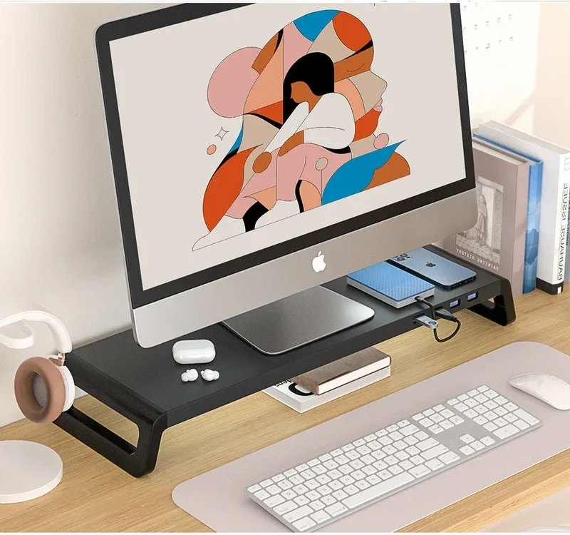 Computer Monitor Stand with 4 USB 3.0 Ports Durable Metal Monitor Support PC Keyboard Organizer Laptop Desktop Black Desk Stand