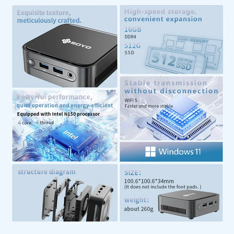 SOYO M4 PLUS2 Mini PC Intel Alder Lake N150 Windows 11 Pro Mini PC 16GB DDR4 512GB PCIe M.2 SSD WiFi 5 BT4.2 Desktop Computer