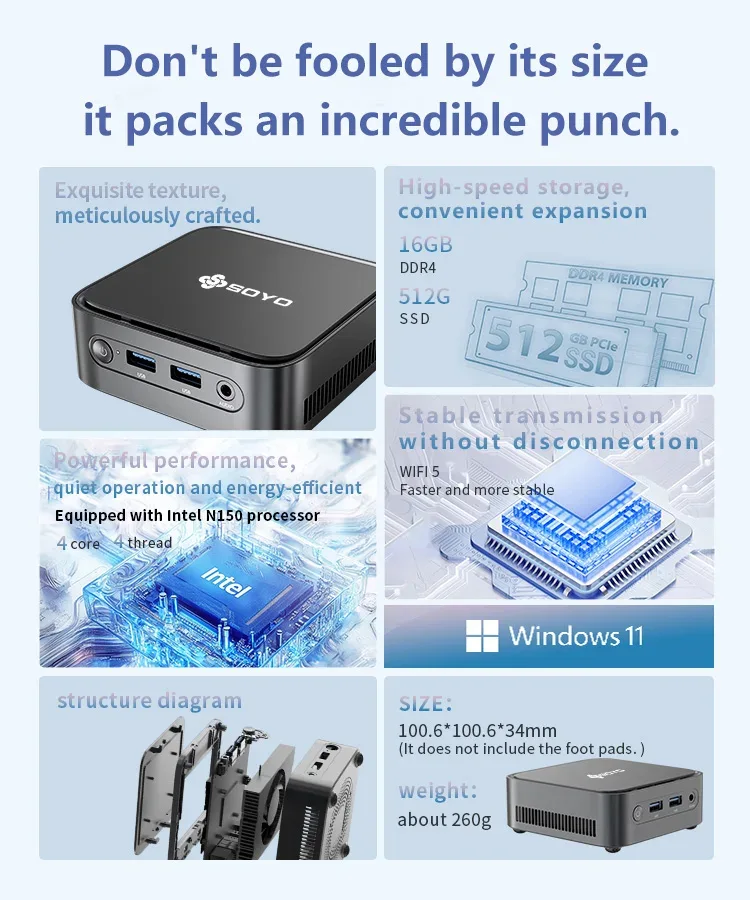 SOYO M4 PLUS2 Mini PC Intel Alder Lake N150 Windows 11 Pro Mini PC 16GB DDR4 512GB PCIe M.2 SSD WiFi 5 BT4.2 Desktop Computer