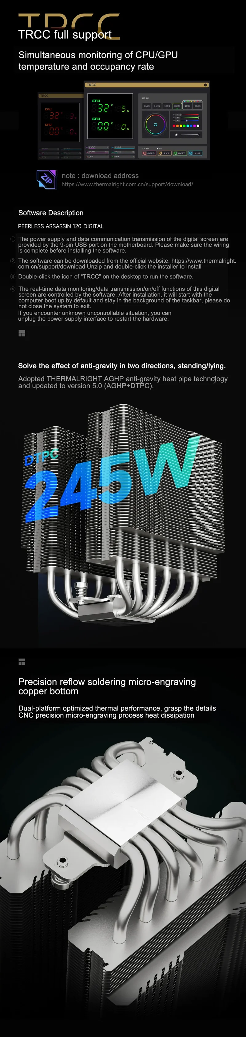 Thermalright PA 120 Digital Chassis Air Cooling Radiator，6 heat pipe/CPU/CPU simultaneous monitoring/Supports LGA1851/1700/AM5