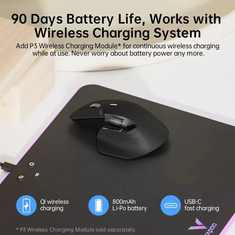 Rapoo MT760 Rechargeable Multi-mode Wireless Mouse Ergonomic 3200 DPI Easy-Switch Up to 4 Devices Bluetooth Mouse Office Mice