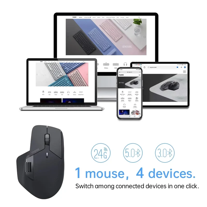 Rapoo MT760 Rechargeable Multi-mode Wireless Mouse Ergonomic 3200 DPI Easy-Switch Up to 4 Devices Bluetooth Mouse Office Mice