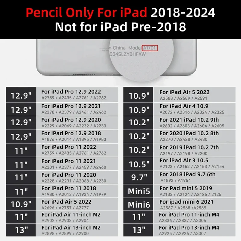 For iPad Air 6 M2 Stylus Pencil with Palm Rejection Tilt iPad Pen for 2024 iPad Pro M4 Pro 11/12.9 iPad 5/6/7/8/9/10th mini 6