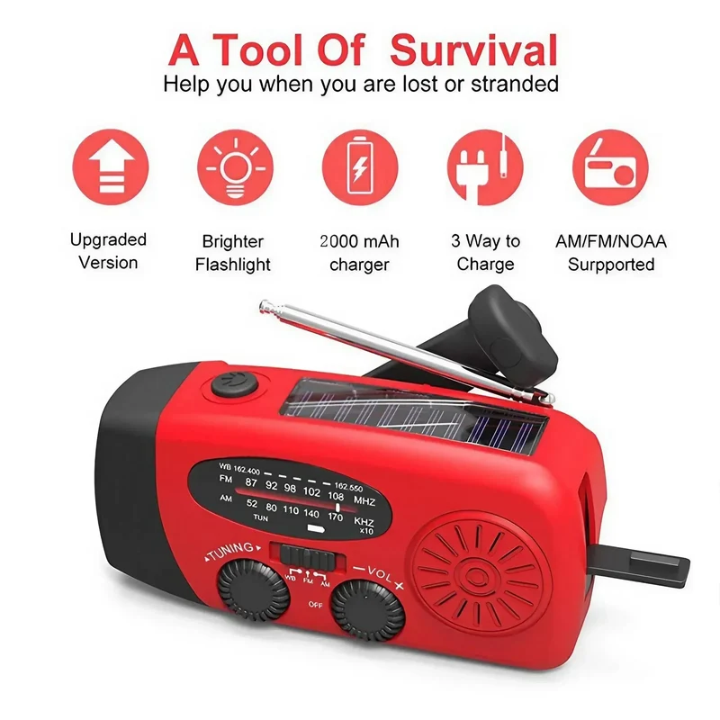 Multifunctional Portable Radio Hand Crank Solar Power FM AM WB NOAA Weather Radio Emergency LED Flashlight Flashlight Power Bank