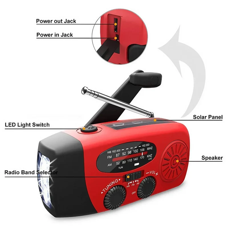 Multifunctional Portable Radio Hand Crank Solar Power FM AM WB NOAA Weather Radio Emergency LED Flashlight Flashlight Power Bank