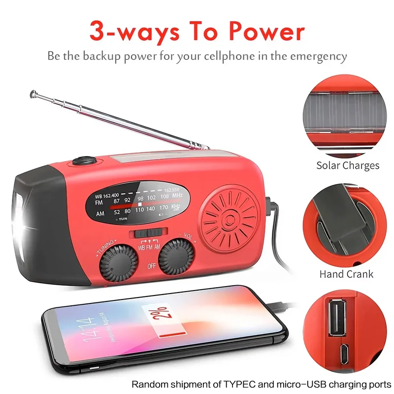 Multifunctional Portable Radio Hand Crank Solar Power FM AM WB NOAA Weather Radio Emergency LED Flashlight Flashlight Power Bank