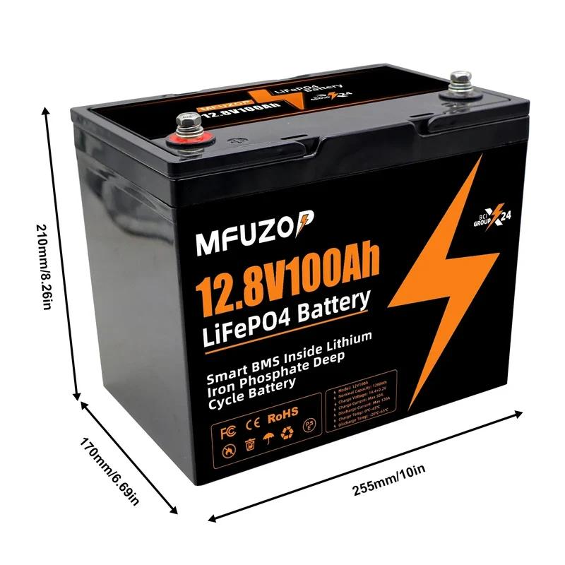 MFUZOP 12V100ah Portable Rechargeable LiFePO4 Battery Built in Smart BMS Deep Cycle 10000+ for RV Solar No VAT