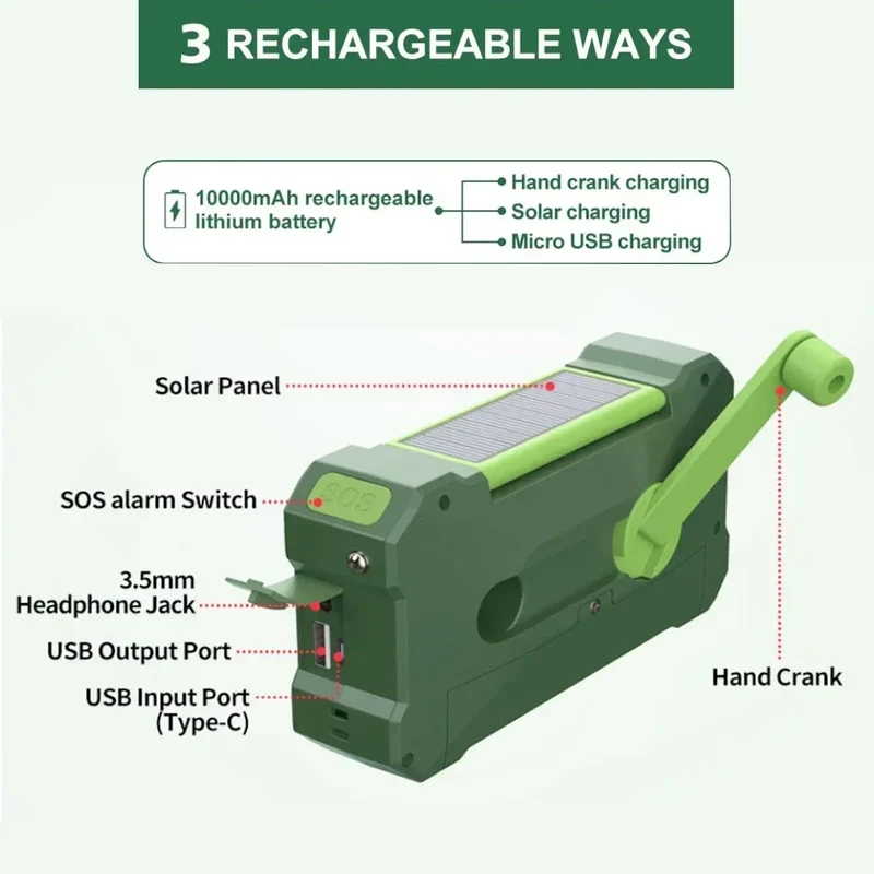 Multifunctional 10000mAh Solar Crank Radio AM/FM/NOAA Weather Alert, Dual Stereo Speakers, Phone Charger, LED Torch & SOS Alarm