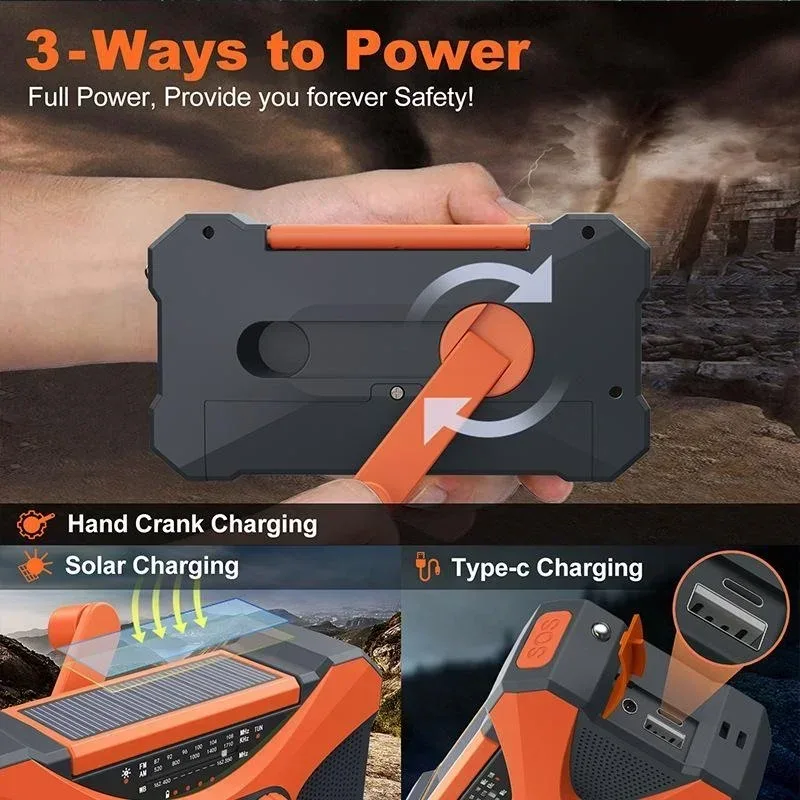 Multifunctional 10000mAh Solar Crank Radio AM/FM/NOAA Weather Alert, Dual Stereo Speakers, Phone Charger, LED Torch & SOS Alarm
