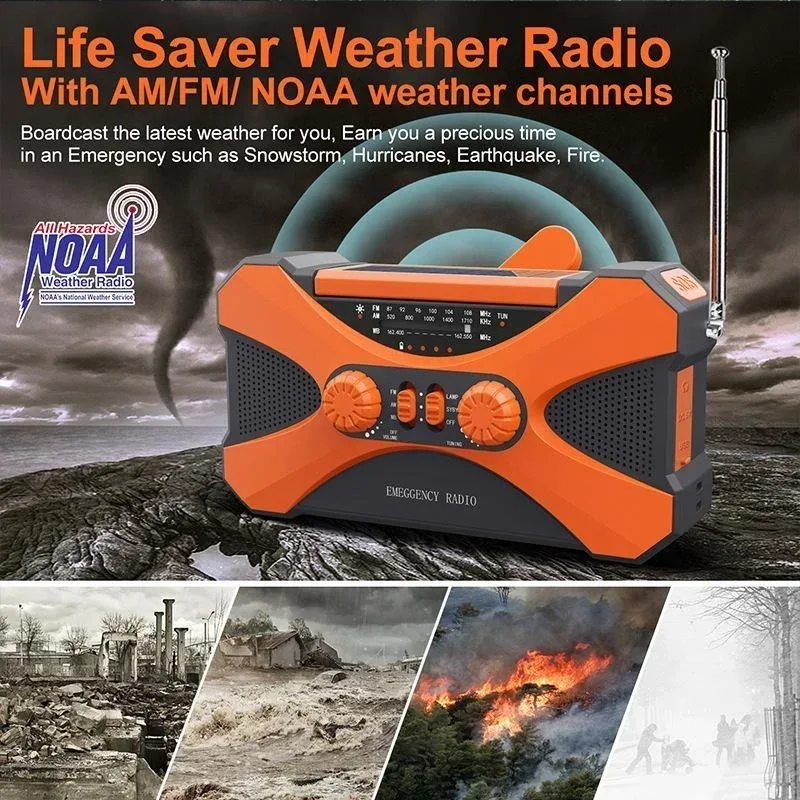 Multifunctional 10000mAh Solar Crank Radio AM/FM/NOAA Weather Alert, Dual Stereo Speakers, Phone Charger, LED Torch & SOS Alarm