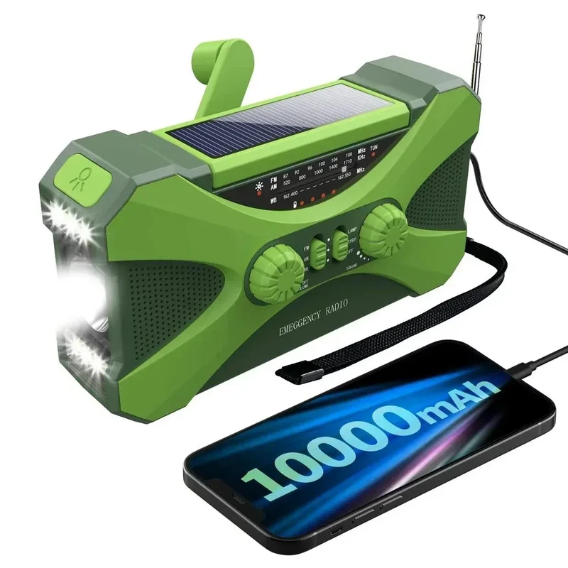Multifunctional 10000mAh Solar Crank Radio AM/FM/NOAA Weather Alert, Dual Stereo Speakers, Phone Charger, LED Torch & SOS Alarm