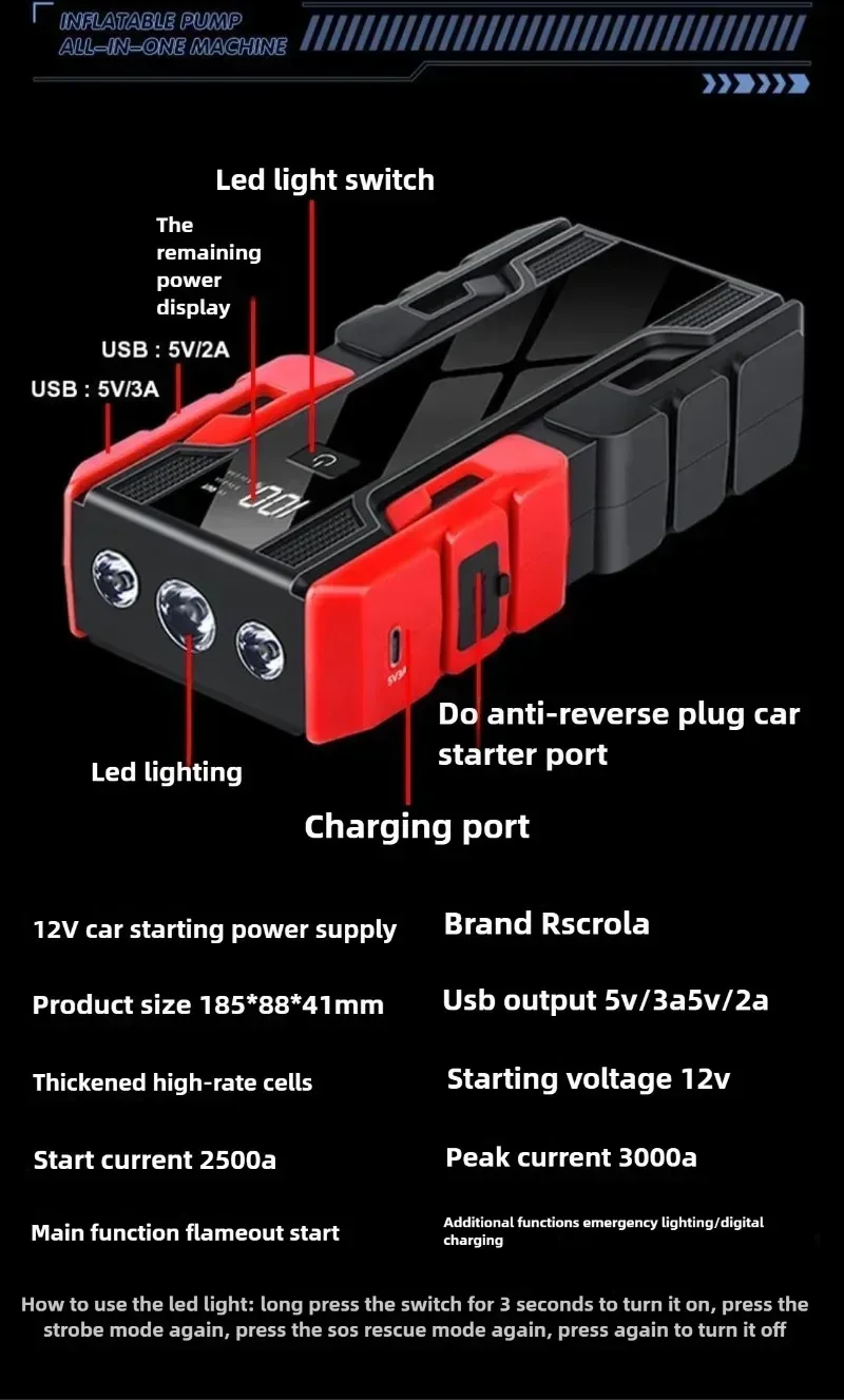 New 12V 99800mAh 3000A Car Jump Starter Car Battery Starters Portable Power Bank 12V Starting Device Booster Petrol Diesel Car