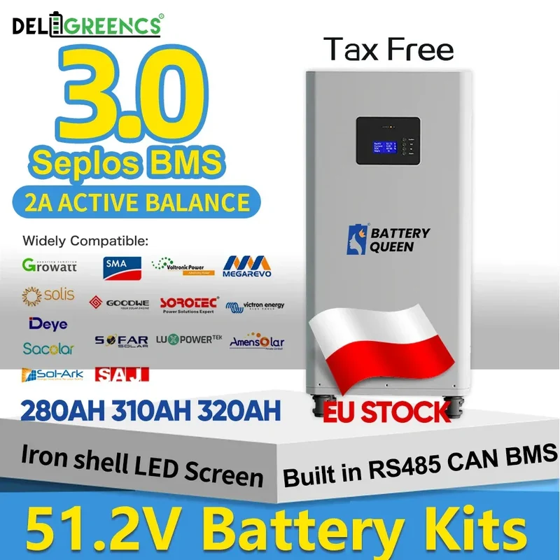 EU Stock 3.0 Seplos Kits Lifepo4 Battery 48V 280AH 310AH 320AH Power Bank Stand Battery Box 2A Balance Rechargeable Solar