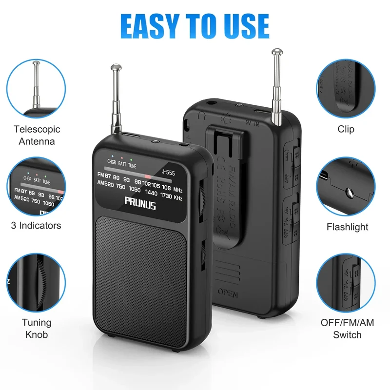 Mini Portable Pocket Radio AM FM AAA USB-C Power 800mAh rechargeable battery Excellent Reception Clear Speaker Headphone Jack