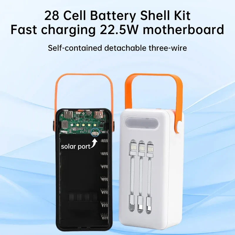 28 Solar 18650 Flat Head Battery Power Bank Welding Free Kit 22.5W Fast Charging Mobile Power Kit Easy Assembly