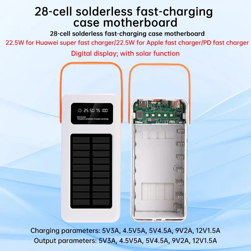 28 Solar 18650 Flat Head Battery Power Bank Welding Free Kit 22.5W Fast Charging Mobile Power Kit Easy Assembly
