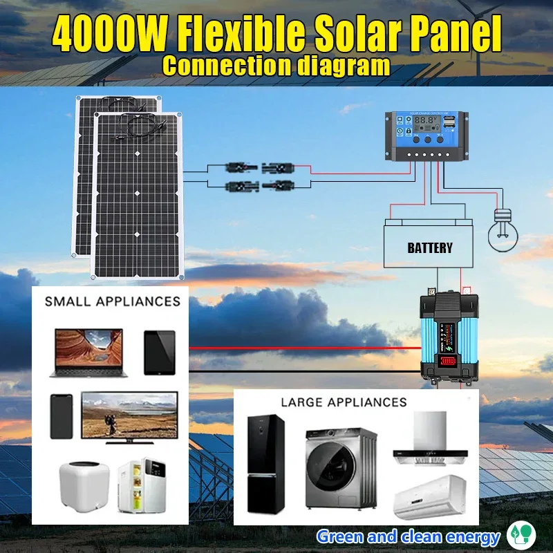 110V220V 6000W Flexible Solar Panel System Kit 12V Battery Charger Controller Inverter Complete For Home Outdoor Capming