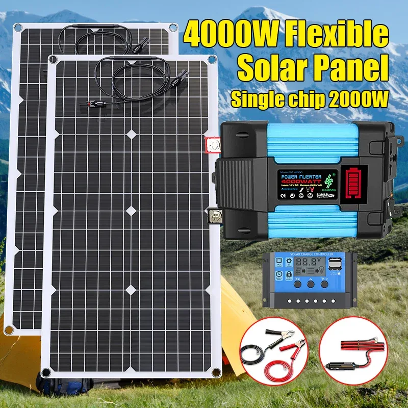 110V220V 6000W Flexible Solar Panel System Kit 12V Battery Charger Controller Inverter Complete For Home Outdoor Capming