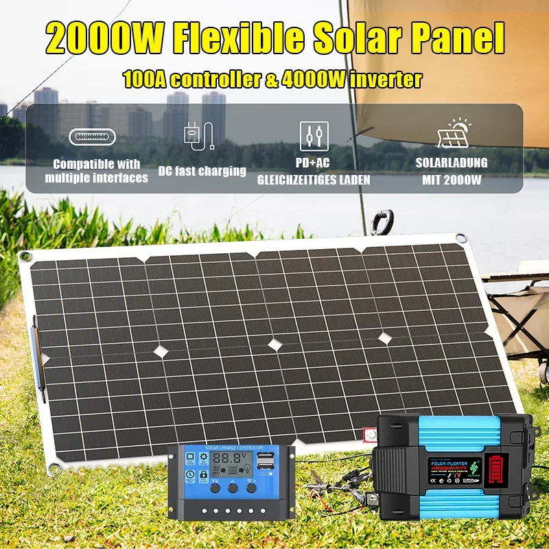 110V220V 6000W Flexible Solar Panel System Kit 12V Battery Charger Controller Inverter Complete For Home Outdoor Capming