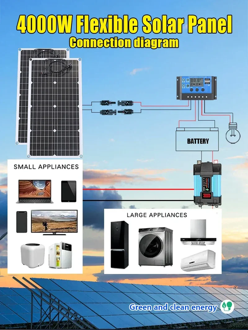 110V220V 6000W Flexible Solar Panel System Kit 12V Battery Charger Controller Inverter Complete For Home Outdoor Capming