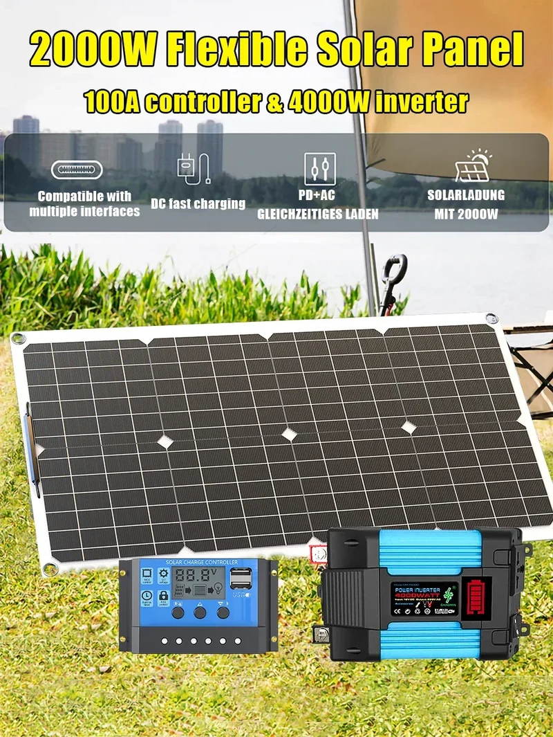 110V220V 6000W Flexible Solar Panel System Kit 12V Battery Charger Controller Inverter Complete For Home Outdoor Capming