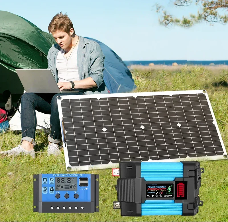 110V220V 6000W Flexible Solar Panel System Kit 12V Battery Charger Controller Inverter Complete For Home Outdoor Capming