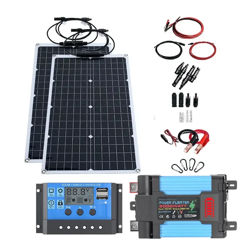 110V220V 6000W Flexible Solar Panel System Kit 12V Battery Charger Controller Inverter Complete For Home Outdoor Capming