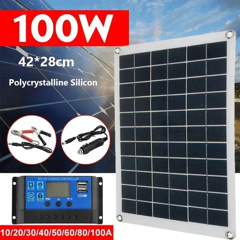 18V Solar Panel 100W + Dual USB Waterproof Outdoor Hiking Camping Portable Battery Mobile Phone Charging Bank Chargings Panels