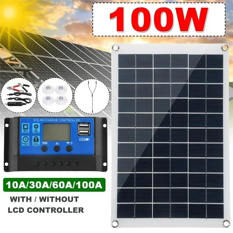 18V Solar Panel 100W + Dual USB Waterproof Outdoor Hiking Camping Portable Battery Mobile Phone Charging Bank Chargings Panels