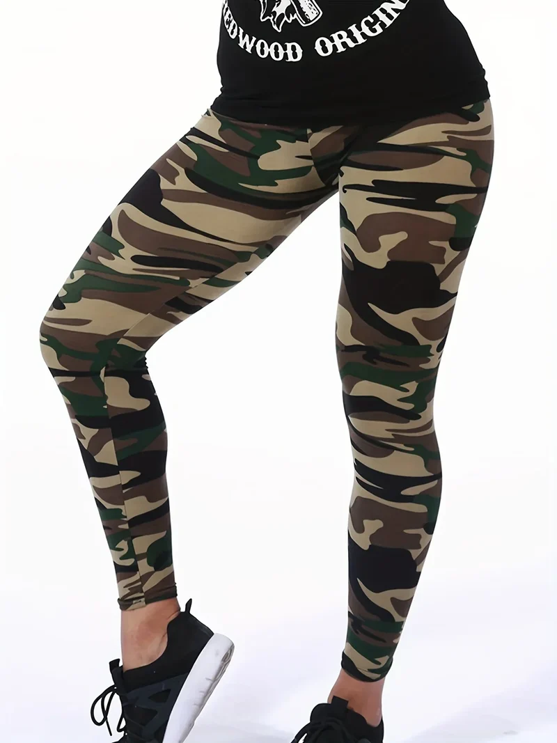 Camouflage Gray-Green Women's Casual Leggings, Cropped Length