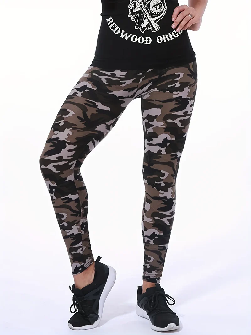 Camouflage Gray-Green Women's Casual Leggings, Cropped Length