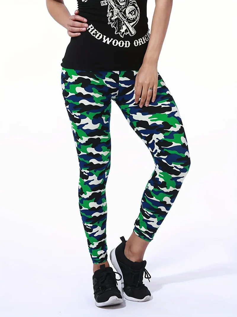 Camouflage Gray-Green Women's Casual Leggings, Cropped Length
