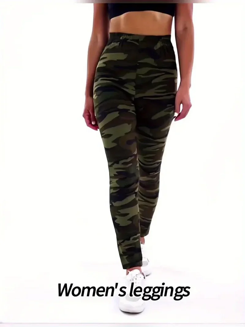 Camouflage Gray-Green Women's Casual Leggings, Cropped Length