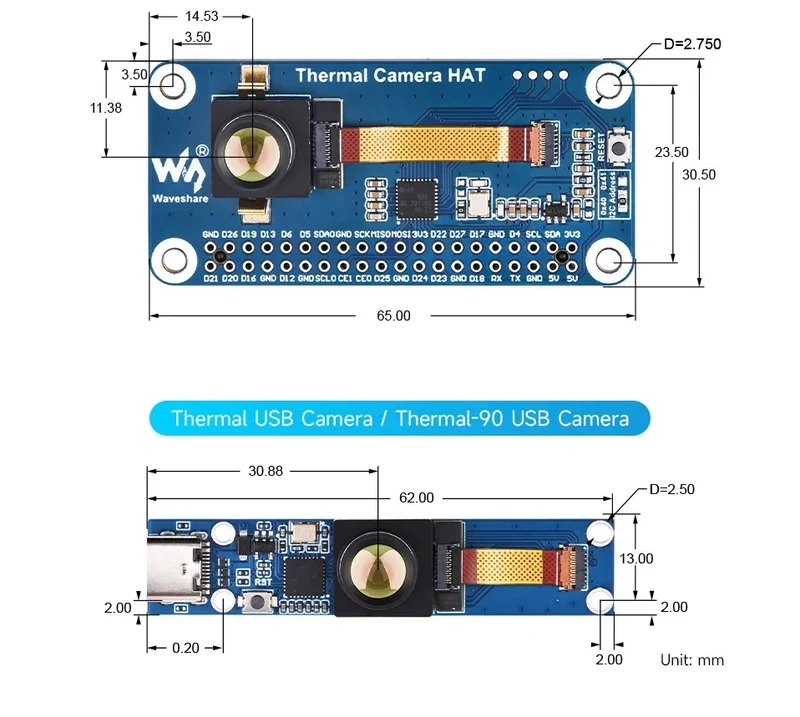 Long-wave IR Thermal Imaging Camera Module, Raspberry Pi IR Camera, 80×62 Pixels, Options for FOV and Connector