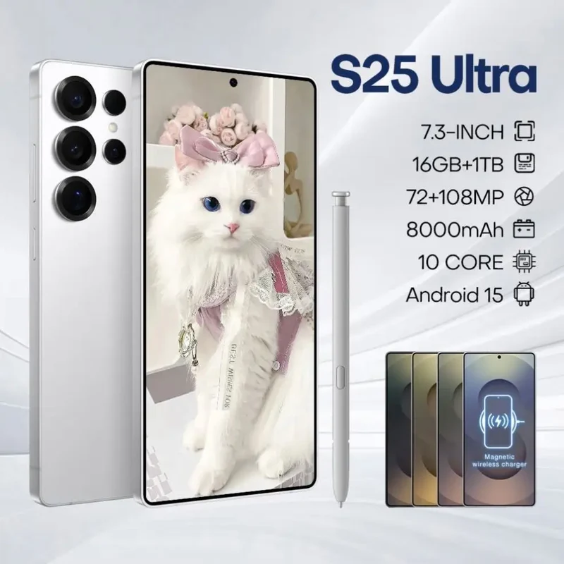 New Androsd S25Ultra Full-screen Smartphone 5g 7.3-snch 48MP+108MP Dual Card Face Recognstson 16GB+1TB Gamsng Telephone