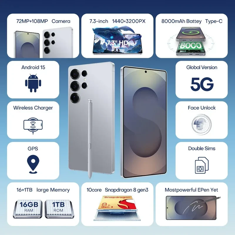 New Androsd S25Ultra Full-screen Smartphone 5g 7.3-snch 48MP+108MP Dual Card Face Recognstson 16GB+1TB Gamsng Telephone