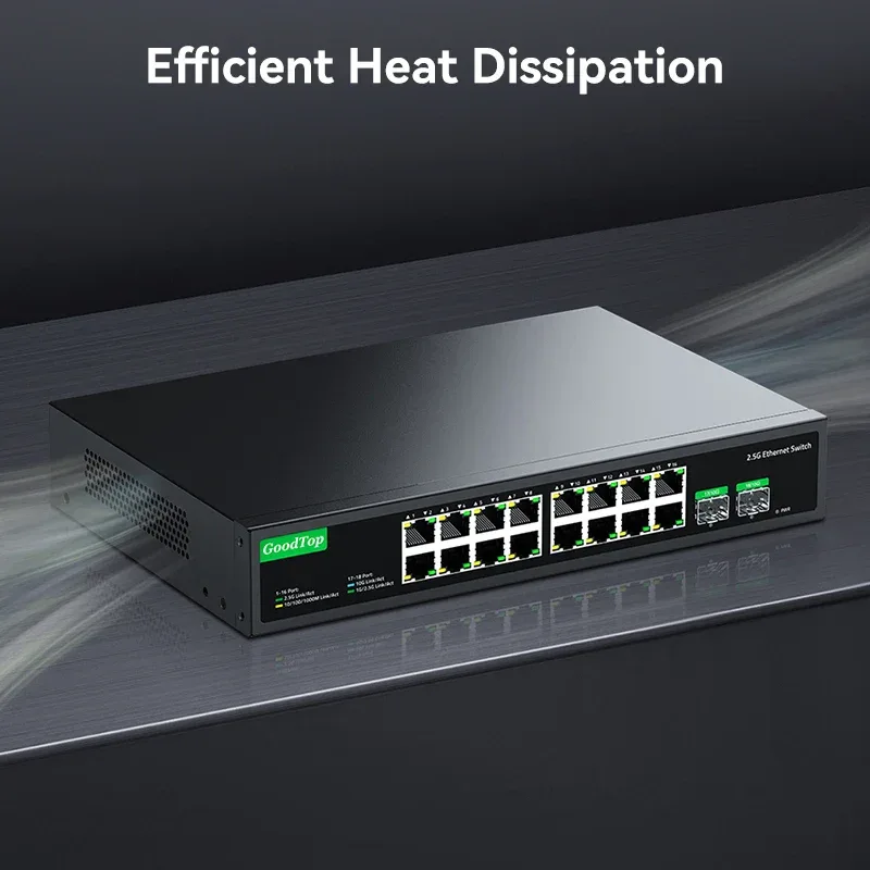 GoodTop 16 Port 2.5G Ethernet Switch with 2 Port 10G SFP+ Network Switch 120G Bandwidth Unmanaged Networking Home Lab Switch