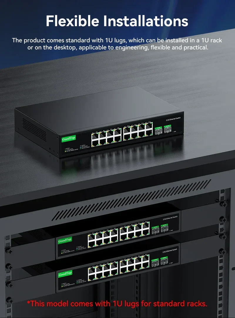 GoodTop 16 Port 2.5G Ethernet Switch with 2 Port 10G SFP+ Network Switch 120G Bandwidth Unmanaged Networking Home Lab Switch