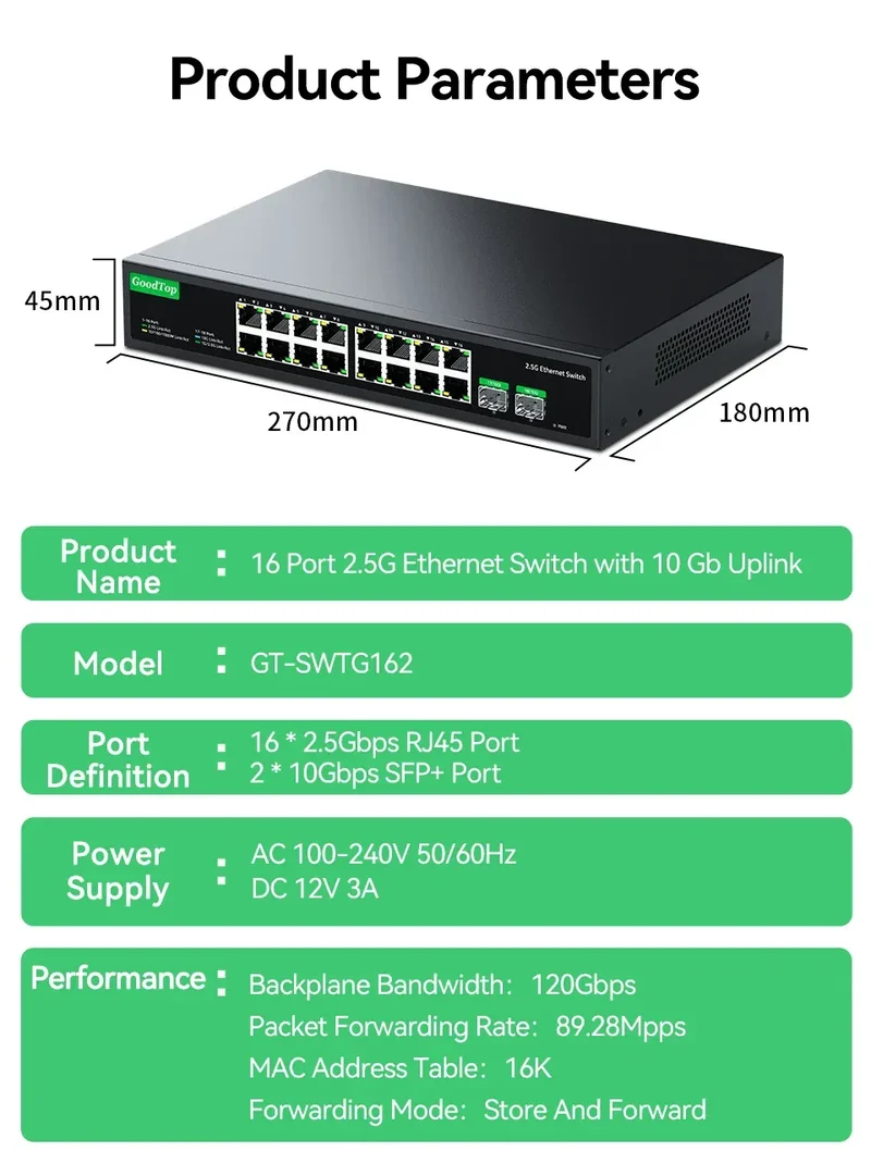 GoodTop 16 Port 2.5G Ethernet Switch with 2 Port 10G SFP+ Network Switch 120G Bandwidth Unmanaged Networking Home Lab Switch