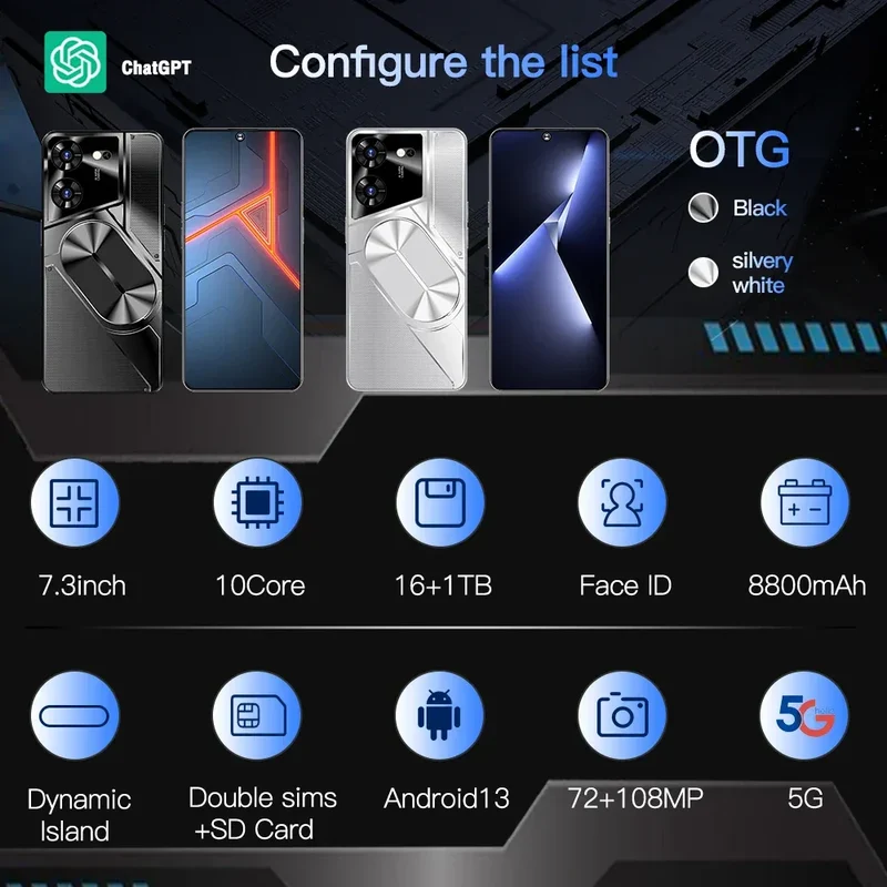 New Product 7.3 Inch 16GB+1TB 6800 MAh 5G Smartphone t Echno Phone Original Povo 5 Pro Mobile Phone Android 13.0 Telephone